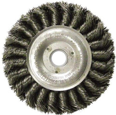 Weiler - 4" OD, 5/8" Arbor Hole, Knotted Steel Wheel Brush - 1/2" Face Width, 7/8" Trim Length, 0.014" Filament Diam, 20,000 RPM - Exact Industrial Supply