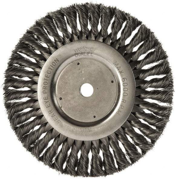 Weiler - 8" OD, 5/8" Arbor Hole, Knotted Steel Wheel Brush - 5/8" Face Width, 1-5/8" Trim Length, 0.0118" Filament Diam, 6,000 RPM - Exact Industrial Supply