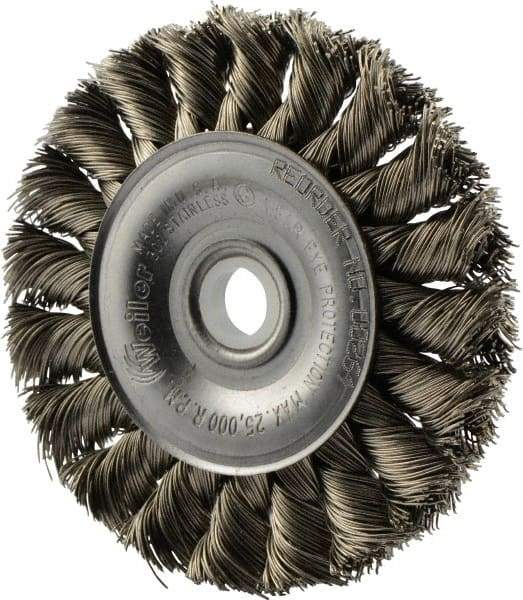 Weiler - 3" OD, 1/2" Arbor Hole, Knotted Stainless Steel Wheel Brush - 3/8" Face Width, 5/8" Trim Length, 0.014" Filament Diam, 25,000 RPM - Exact Industrial Supply