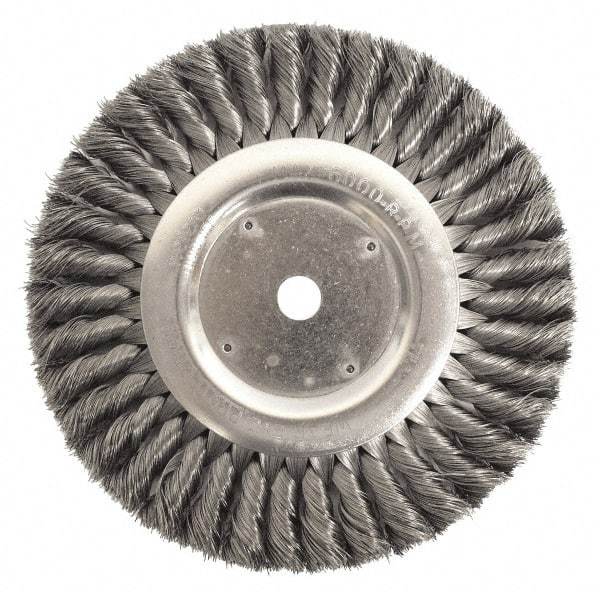 Weiler - 8" OD, 5/8" Arbor Hole, Knotted Stainless Steel Wheel Brush - 5/8" Face Width, 1-5/8" Trim Length, 0.0118" Filament Diam, 6,000 RPM - Exact Industrial Supply