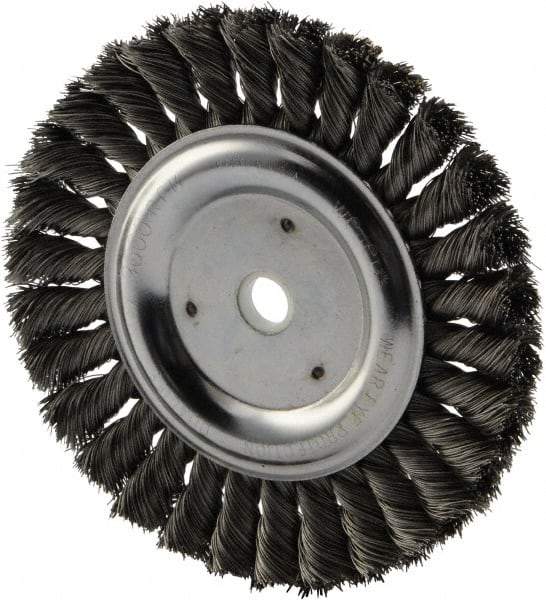 Weiler - 6" OD, 5/8" Arbor Hole, Knotted Steel Wheel Brush - 5/8" Face Width, 1-1/4" Trim Length, 0.016" Filament Diam, 9,000 RPM - Exact Industrial Supply