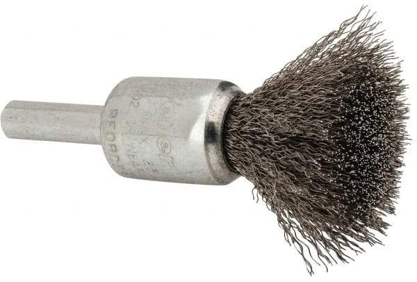 Weiler - 1/2" Brush Diam, Crimped, End Brush - 1/4" Diam Steel Shank, 25,000 Max RPM - Exact Industrial Supply