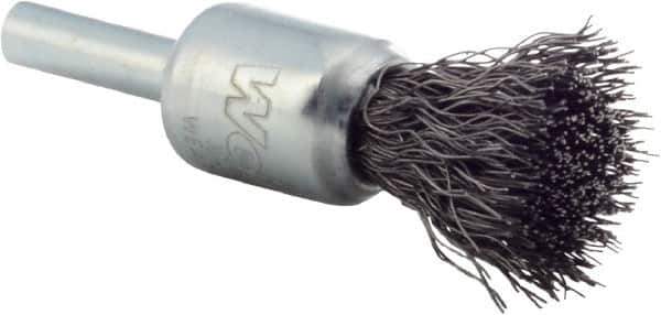 Weiler - 1/2" Brush Diam, Crimped, End Brush - 1/4" Diam Steel Shank, 25,000 Max RPM - Exact Industrial Supply