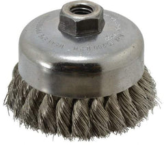 Weiler - 4" Diam, 5/8-11 Threaded Arbor, Stainless Steel Fill Cup Brush - 0.014 Wire Diam, 1-1/4" Trim Length, 9,000 Max RPM - Exact Industrial Supply