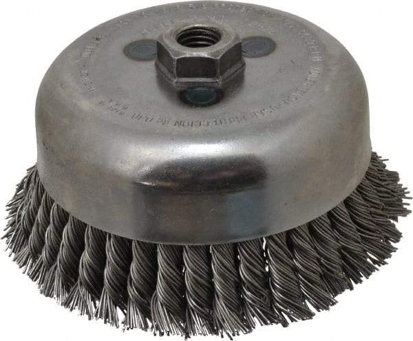 Weiler - 6" Diam, 5/8-11 Threaded Arbor, Steel Fill Cup Brush - 0.035 Wire Diam, 1-3/8" Trim Length, 6,600 Max RPM - Exact Industrial Supply