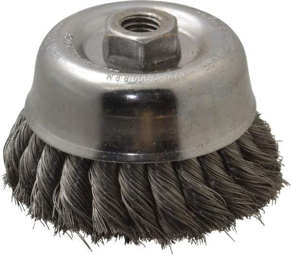 Weiler - 4" Diam, 5/8-11 Threaded Arbor, Steel Fill Cup Brush - 0.014 Wire Diam, 1-3/8" Trim Length, 9,000 Max RPM - Exact Industrial Supply