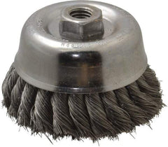 Weiler - 4" Diam, 5/8-11 Threaded Arbor, Steel Fill Cup Brush - 0.014 Wire Diam, 1-3/8" Trim Length, 9,000 Max RPM - Exact Industrial Supply