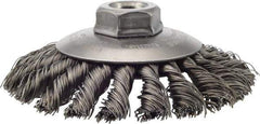 Weiler - 4-1/2" OD, 5/8-11 Arbor Hole, Knotted Steel Wheel Brush - 3/8" Face Width, 1" Trim Length, 0.02" Filament Diam, 12,500 RPM - Exact Industrial Supply