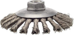 Weiler - 4-1/2" OD, 5/8-11 Arbor Hole, Knotted Stainless Steel Wheel Brush - 3/8" Face Width, 1" Trim Length, 0.02" Filament Diam, 12,500 RPM - Exact Industrial Supply