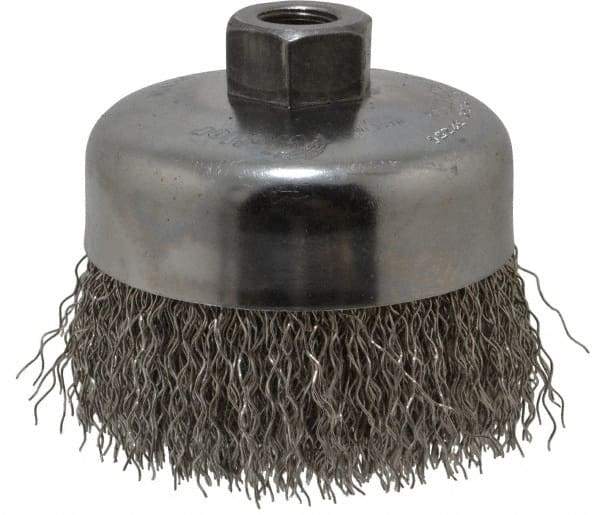 Weiler - 4" Diam, 5/8-11 Threaded Arbor, Stainless Steel Fill Cup Brush - 0.02 Wire Diam, 1-3/8" Trim Length, 9,000 Max RPM - Exact Industrial Supply