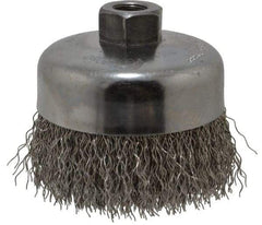 Weiler - 4" Diam, 5/8-11 Threaded Arbor, Stainless Steel Fill Cup Brush - 0.02 Wire Diam, 1-3/8" Trim Length, 9,000 Max RPM - Exact Industrial Supply