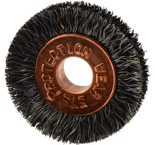 Weiler - 1" OD, 1/4" Arbor Hole, Crimped Steel Wheel Brush - 3/16" Face Width, 1/4" Trim Length, 0.006" Filament Diam, 20,000 RPM - Exact Industrial Supply
