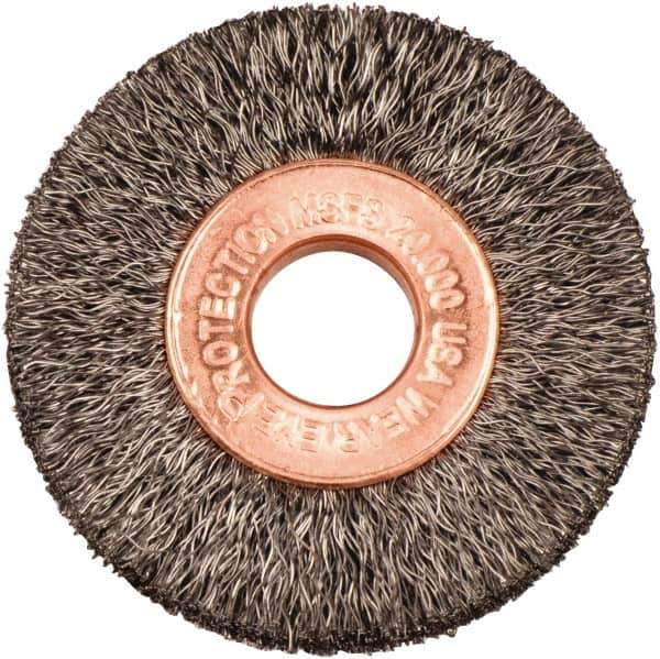 Weiler - 1-1/2" OD, 3/8" Arbor Hole, Crimped Steel Wheel Brush - 1/4" Face Width, 7/16" Trim Length, 0.006" Filament Diam, 20,000 RPM - Exact Industrial Supply