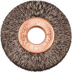 Weiler - 1-1/2" OD, 3/8" Arbor Hole, Crimped Steel Wheel Brush - 1/4" Face Width, 7/16" Trim Length, 0.006" Filament Diam, 20,000 RPM - Exact Industrial Supply
