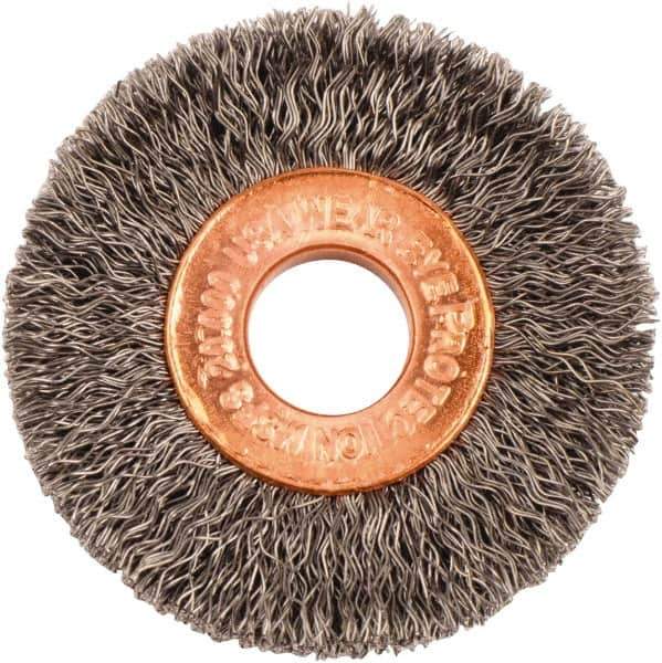 Weiler - 1-1/2" OD, 3/8" Arbor Hole, Crimped Steel Wheel Brush - 1/4" Face Width, 7/16" Trim Length, 0.008" Filament Diam, 20,000 RPM - Exact Industrial Supply
