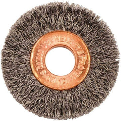 Weiler - 1-1/2" OD, 3/8" Arbor Hole, Crimped Steel Wheel Brush - 1/4" Face Width, 7/16" Trim Length, 0.008" Filament Diam, 20,000 RPM - Exact Industrial Supply