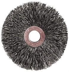 Weiler - 2" OD, 1/2" Arbor Hole, Crimped Steel Wheel Brush - 3/8" Face Width, 1/2" Trim Length, 0.0104" Filament Diam, 20,000 RPM - Exact Industrial Supply