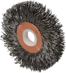Weiler - 2" OD, 1/2" Arbor Hole, Crimped Steel Wheel Brush - 3/8" Face Width, 1/2" Trim Length, 0.014" Filament Diam, 20,000 RPM - Exact Industrial Supply