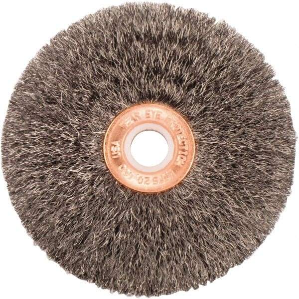 Weiler - 3" OD, 1/2" Arbor Hole, Crimped Steel Wheel Brush - 5/8" Face Width, 1" Trim Length, 0.006" Filament Diam, 20,000 RPM - Exact Industrial Supply
