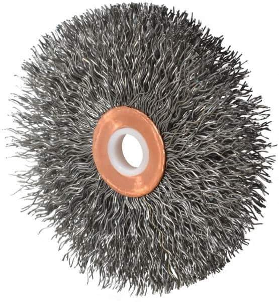 Weiler - 3" OD, 1/2" Arbor Hole, Crimped Steel Wheel Brush - 5/8" Face Width, 1" Trim Length, 0.014" Filament Diam, 20,000 RPM - Exact Industrial Supply