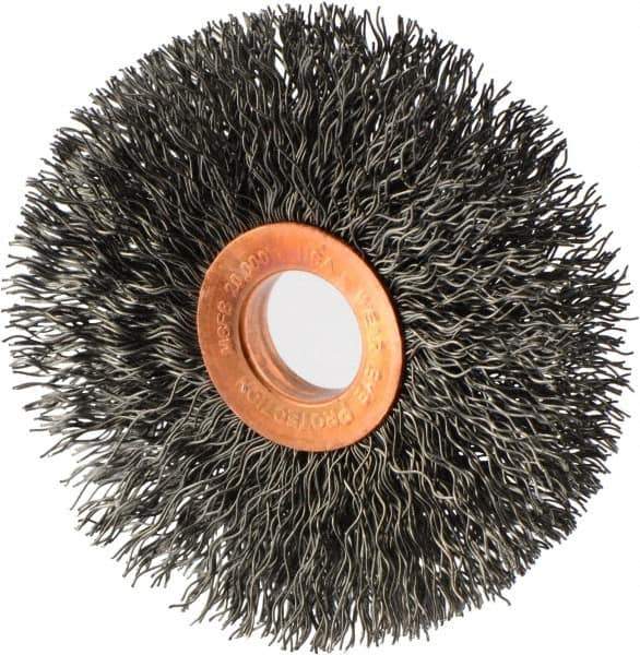 Weiler - 3" OD, 5/8" Arbor Hole, Crimped Steel Wheel Brush - 5/8" Face Width, 15/16" Trim Length, 0.014" Filament Diam, 20,000 RPM - Exact Industrial Supply