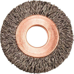 Weiler - 1-1/4" OD, 3/8" Arbor Hole, Crimped Steel Wheel Brush - 1/4" Face Width, 5/16" Trim Length, 0.008" Filament Diam, 20,000 RPM - Exact Industrial Supply