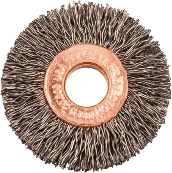Weiler - 1-1/2" OD, 3/8" Arbor Hole, Crimped Steel Wheel Brush - 1/4" Face Width, 7/16" Trim Length, 0.014" Filament Diam, 20,000 RPM - Exact Industrial Supply