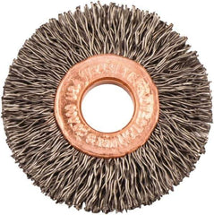 Weiler - 1-1/2" OD, 3/8" Arbor Hole, Crimped Steel Wheel Brush - 1/4" Face Width, 7/16" Trim Length, 0.014" Filament Diam, 20,000 RPM - Exact Industrial Supply