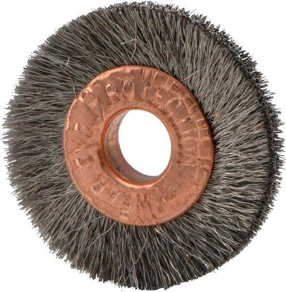 Weiler - 1" OD, 1/4" Arbor Hole, Crimped Stainless Steel Wheel Brush - 3/16" Face Width, 1/4" Trim Length, 0.003" Filament Diam, 20,000 RPM - Exact Industrial Supply