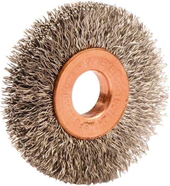 Weiler - 1-1/2" OD, 3/8" Arbor Hole, Crimped Stainless Steel Wheel Brush - 1/4" Face Width, 7/16" Trim Length, 0.008" Filament Diam, 20,000 RPM - Exact Industrial Supply