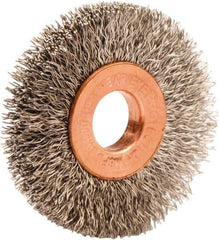 Weiler - 1-1/2" OD, 3/8" Arbor Hole, Crimped Stainless Steel Wheel Brush - 1/4" Face Width, 7/16" Trim Length, 0.008" Filament Diam, 20,000 RPM - Exact Industrial Supply