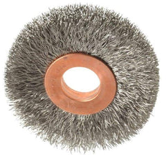 Weiler - 2" OD, 1/2" Arbor Hole, Crimped Stainless Steel Wheel Brush - 3/8" Face Width, 1/2" Trim Length, 0.008" Filament Diam, 20,000 RPM - Exact Industrial Supply