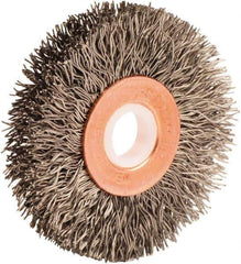 Weiler - 2" OD, 1/2" Arbor Hole, Crimped Stainless Steel Wheel Brush - 3/8" Face Width, 1/2" Trim Length, 0.014" Filament Diam, 20,000 RPM - Exact Industrial Supply