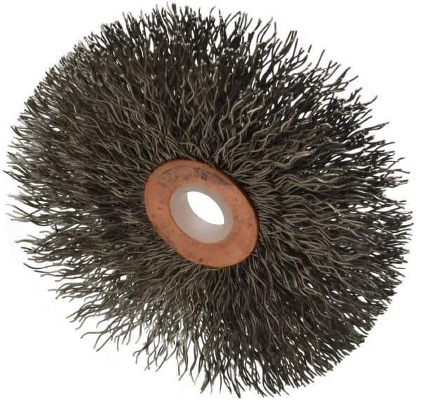 Weiler - 3" OD, 1/2" Arbor Hole, Crimped Stainless Steel Wheel Brush - 5/8" Face Width, 1" Trim Length, 0.014" Filament Diam, 20,000 RPM - Exact Industrial Supply