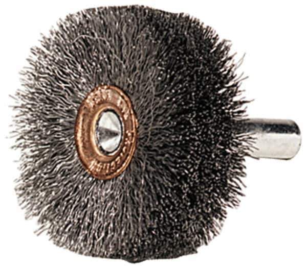 Weiler - 1-1/2" OD, 1/4" Shank Diam, Crimped Steel Wheel Brush - 1/2" Face Width, 1/2" Trim Length, 0.006" Filament Diam, 20,000 RPM - Exact Industrial Supply