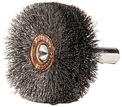 Weiler - 1-1/2" OD, 1/4" Shank Diam, Crimped Steel Wheel Brush - 1/2" Face Width, 1/2" Trim Length, 0.006" Filament Diam, 20,000 RPM - Exact Industrial Supply