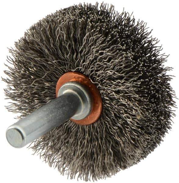 Weiler - 1-3/4" OD, 1/4" Shank Diam, Crimped Stainless Steel Wheel Brush - 1/2" Face Width, 5/8" Trim Length, 0.008" Filament Diam, 20,000 RPM - Exact Industrial Supply