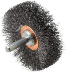 Weiler - 2-1/2" OD, 1/4" Shank Diam, Crimped Steel Wheel Brush - 3/8" Face Width, 3/4" Trim Length, 0.006" Filament Diam, 20,000 RPM - Exact Industrial Supply