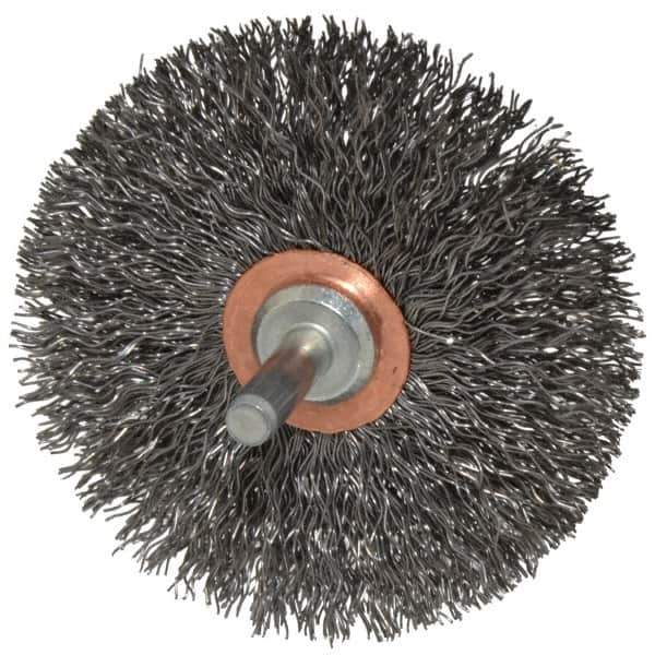 Weiler - 3" OD, 1/4" Shank Diam, Crimped Steel Wheel Brush - 1/2" Face Width, 1" Trim Length, 0.014" Filament Diam, 20,000 RPM - Exact Industrial Supply