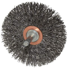Weiler - 3" OD, 1/4" Shank Diam, Crimped Steel Wheel Brush - 1/2" Face Width, 1" Trim Length, 0.014" Filament Diam, 20,000 RPM - Exact Industrial Supply