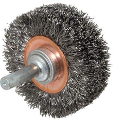 Weiler - 2" OD, 1/4" Shank Diam, Crimped Steel Wheel Brush - 3/4" Face Width, 7/16" Trim Length, 0.0118" Filament Diam, 20,000 RPM - Exact Industrial Supply