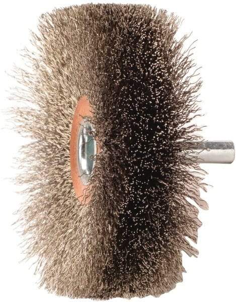 Weiler - 3" OD, 1/4" Shank Diam, Crimped Stainless Steel Wheel Brush - 1" Face Width, 15/16" Trim Length, 0.008" Filament Diam, 20,000 RPM - Exact Industrial Supply