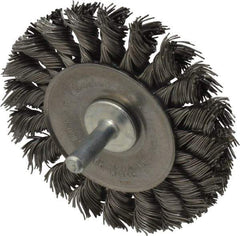 Weiler - 3-1/4" OD, 1/4" Shank Diam, Knotted Steel Wheel Brush - 3/8" Face Width, 5/8" Trim Length, 0.02" Filament Diam, 25,000 RPM - Exact Industrial Supply
