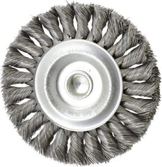 Weiler - 4" OD, 1/4" Shank Diam, Knotted Steel Wheel Brush - 1/2" Face Width, 7/8" Trim Length, 0.0118" Filament Diam, 20,000 RPM - Exact Industrial Supply