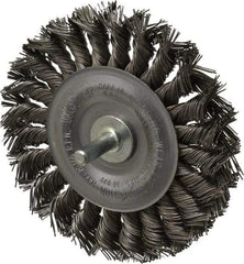 Weiler - 4" OD, 1/4" Shank Diam, Knotted Steel Wheel Brush - 1/2" Face Width, 7/8" Trim Length, 0.02" Filament Diam, 20,000 RPM - Exact Industrial Supply