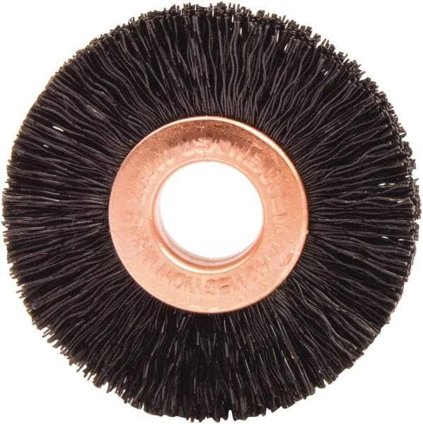 Weiler - 1-1/2" OD, 3/8" Arbor Hole, Nylon Wheel Brush - 1/4" Face Width, 7/16" Trim Length, 0.01" Filament Diam, 20,000 RPM - Exact Industrial Supply