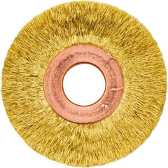Weiler - 2" OD, 1/2" Arbor Hole, Crimped Brass Wheel Brush - 3/8" Face Width, 1/2" Trim Length, 0.005" Filament Diam, 20,000 RPM - Exact Industrial Supply