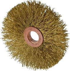 Weiler - 3" OD, 1/2" Arbor Hole, Crimped Brass Wheel Brush - 5/8" Face Width, 1" Trim Length, 0.014" Filament Diam, 20,000 RPM - Exact Industrial Supply