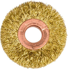 Weiler - 2" OD, 1/2" Arbor Hole, Crimped Brass Wheel Brush - 3/8" Face Width, 1/2" Trim Length, 0.0118" Filament Diam, 20,000 RPM - Exact Industrial Supply
