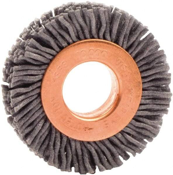 Weiler - 1-1/2" OD, 1/2" Arbor Hole, Nylon Wheel Brush - 3/8" Face Width, 1/4" Trim Length, 0.035" Filament Diam, 10,000 RPM - Exact Industrial Supply